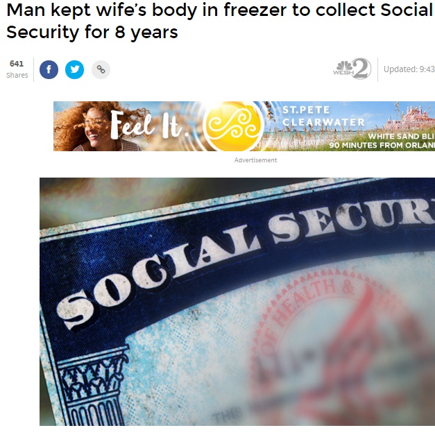 年金搾取のためフロリダ州の男は妻の遺体を8年間冷凍庫で保管（画像は『WESH Channel 2　2017年7月4日付「Man kept wife’s body in freezer to collect Social Security for 8 years」』のスクリーンショット）