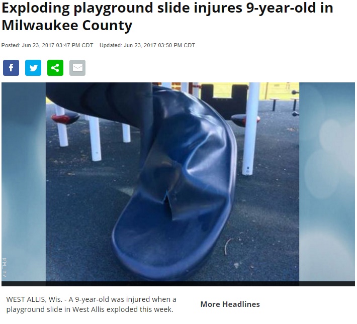 公園で爆発したすべり台（画像は『Channel 3000　2017年6月23日付「Exploding playground slide injures 9-year-old in Milwaukee County」』のスクリーンショット）