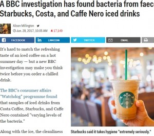 【海外発！Breaking News】スターバックスの氷から糞便性大腸菌を検出（英）