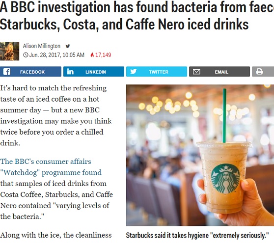 英BBCが「カフェチェーンの氷は極めて不潔」（画像は『Business Insider UK　2017年6月12日付「A BBC investigation has found bacteria from faeces in Starbucks, Costa, and Caffe Nero iced drinks」（PK.Inspiration_06 / Shutterstock）』のスクリーンショット）