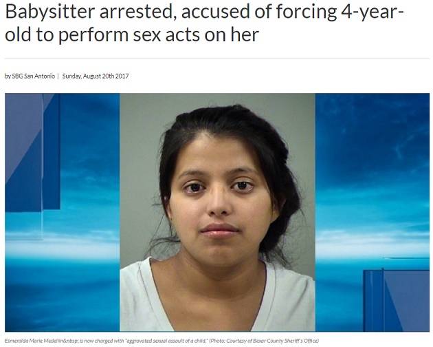 4歳男児にわいせつ行為を強要した18歳の女（画像は『WOAI: San Antonio News　2017年8月20日付「Babysitter arrested, accused of forcing 4-year-old to perform sex acts on her」（Photo: Courtesy of Bexar County Sheriff's Office）』のスクリーンショット）