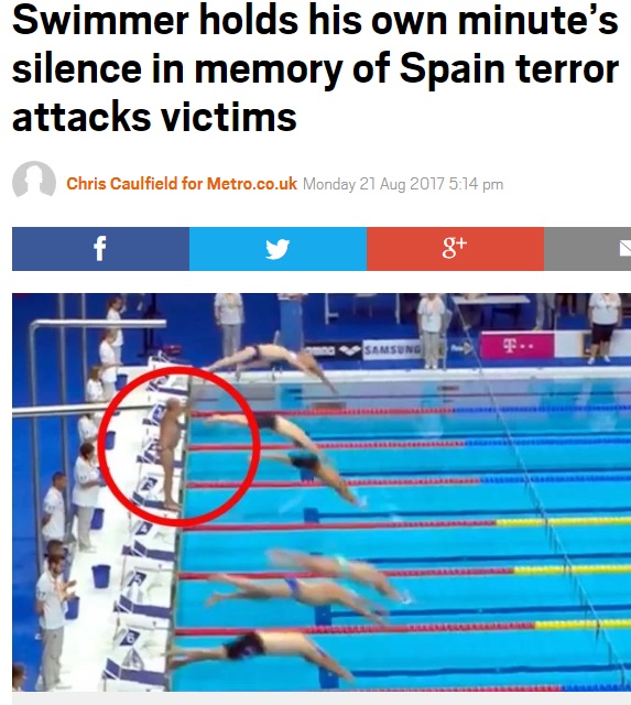 『第17回世界マスターズ水泳選手権大会』でハプニング（画像は『Metro　2017年8月21日付「Swimmer holds his own minute’s silence in memory of Spain terror attacks victims」（Picture: CEN）』のスクリーンショット）