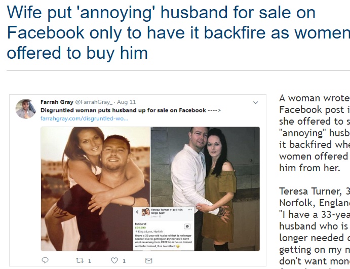 妻がFacebookでダメ夫の売却を計画（画像は『WorldWide Weird News　2017年8月13日付「Wife put ‘annoying’ husband for sale on Facebook only to have it backfire as women offered to buy him」』のスクリーンショット）