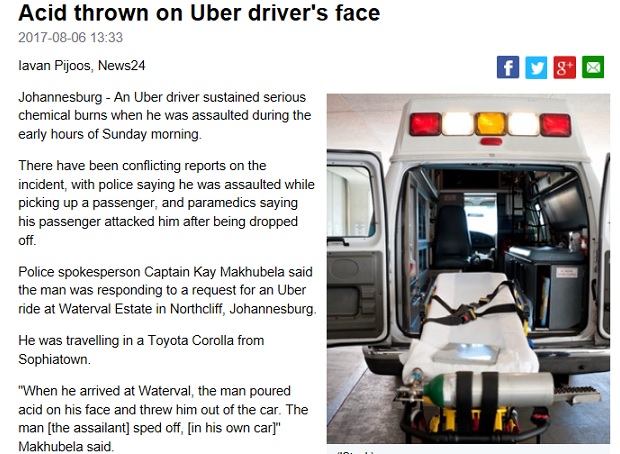 タクシー運転手が酸をかけられる事件多発（画像は『News24　2017年8月6日付「Acid thrown on Uber driver's face」（iStock）』のスクリーンショット）