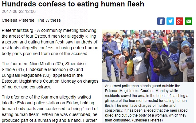 裁判所前に集まった住民（画像は『News24　2017年8月22日付「Hundreds confess to eating human flesh」（Chelsea Pieterse）』のスクリーンショット）
