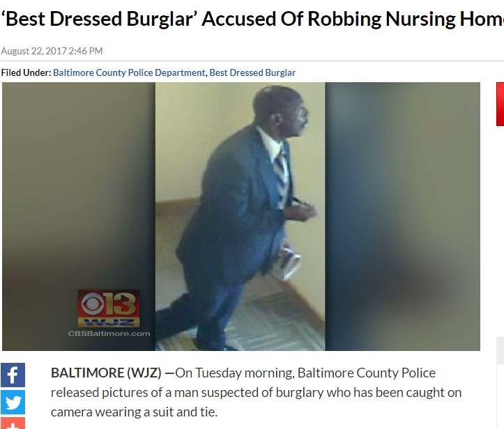 立派な紳士風のドロボー、誰からも疑われず（画像は『CBS Baltimore　2017年8月22日付「‘Best Dressed Burglar’ Accused Of Robbing Nursing Home, Elementary School」』のスクリーンショット）