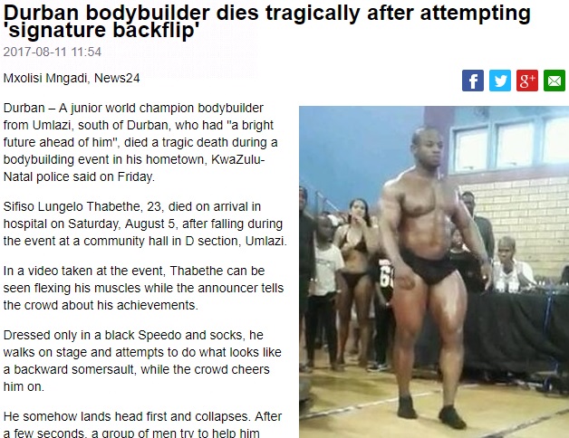 23歳ボディビルダー、観客の目の前で亡くなる（画像は『News24　2017年8月11日付「Durban bodybuilder dies tragically after attempting ‘signature backflip’」（Video screen grab）』のスクリーンショット）