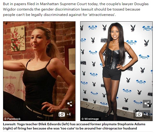 妻（右）の嫉妬で美人ヨガ講師がクビに（画像は『Mail Online　2014年2月10日付「Yoga instructor was fired by ex-Playboy Playmate for being ‘too cute’ but it was NOT discrimination, says her lawyer」（Facebook/Wireimage）』のスクリーンショット）