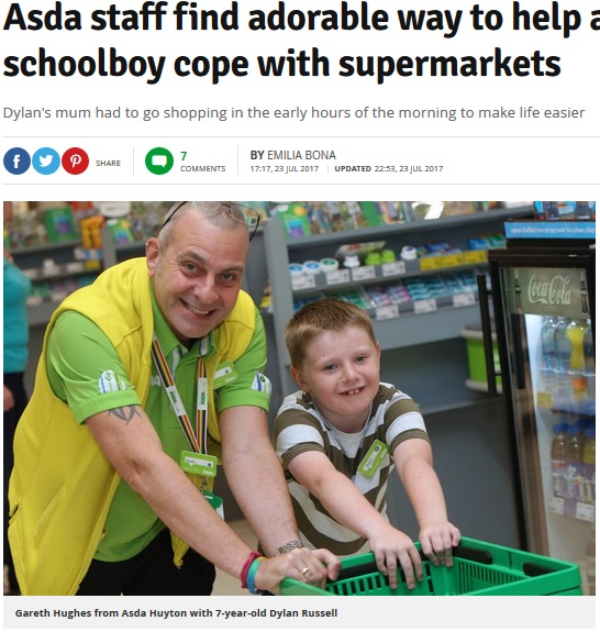 スーパーが苦手な自閉症の少年に店員は…（画像は『Liverpool Echo　2017年7月23日付「Asda staff find adorable way to help autistic schoolboy cope with supermarkets」』のスクリーンショット）