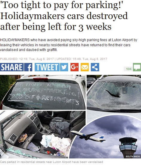 路上に停めた旅行者の車、何者かに破壊される（画像は『Express　2017年8月8日付「‘Too tight to pay for parking!’Holidaymakers cars destroyed after being left for 3 weeks」（SOUTH BEDS）』のスクリーンショット）