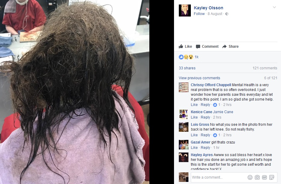 勇気を出して美容院に来た16歳少女（画像は『Kayley Olsson　2017年8月9日付Facebook』のスクリーンショット）