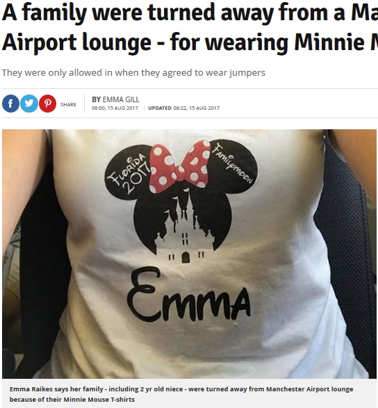 このTシャツにどこが問題が…？（画像は『Manchester Evening News　2017年8月15日付「A family were turned away from a Manchester Airport lounge - for wearing Minnie Mouse t-shirts」』のスクリーンショット）