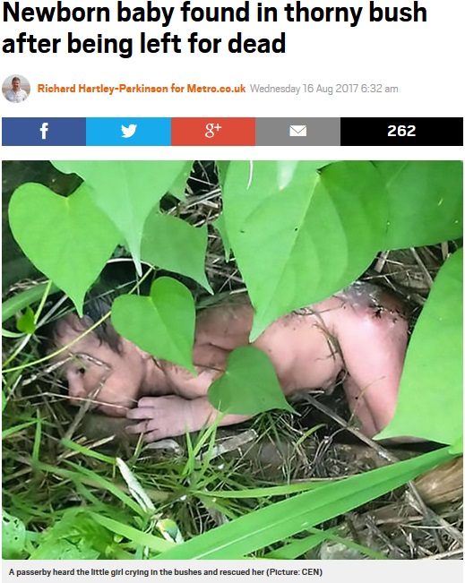 生後まもなく捨てられた女児（画像は『Metro　2017年8月16日付「Newborn baby found in thorny bush after being left for dead」（Picture: CEN）』のスクリーンショット）