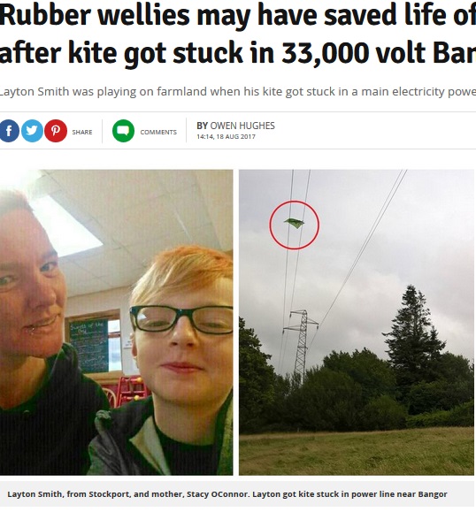 長靴に命を救われた10歳少年（画像は『Daily Post　2017年8月18日付「Rubber wellies may have saved life of 10-year-old boy after kite got stuck in 33,000 volt Bangor power line」』のスクリーンショット）
