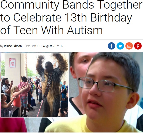 自閉症の少年、13歳の誕生日は賑やかに（画像は『Inside Edition　2017年8月21日付「Community Bands Together to Celebrate 13th Birthday of Teen With Autism」』のスクリーンショット）