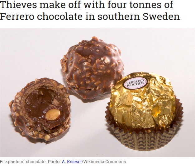 高級チョコ4トンが盗まれる（画像は『The Local se　2017年8月22日付「Thieves make off with four tonnes of Ferrero chocolate in southern Sweden」（Photo: A. Kniesel/Wikimedia Commons）』のスクリーンショット）