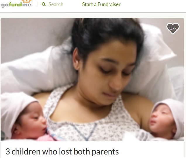 生まれた双子を遺して旅立ってしまった母親（画像は『GoFundMe　2017年7月27日付「3 children who lost both parents」』のスクリーンショット）