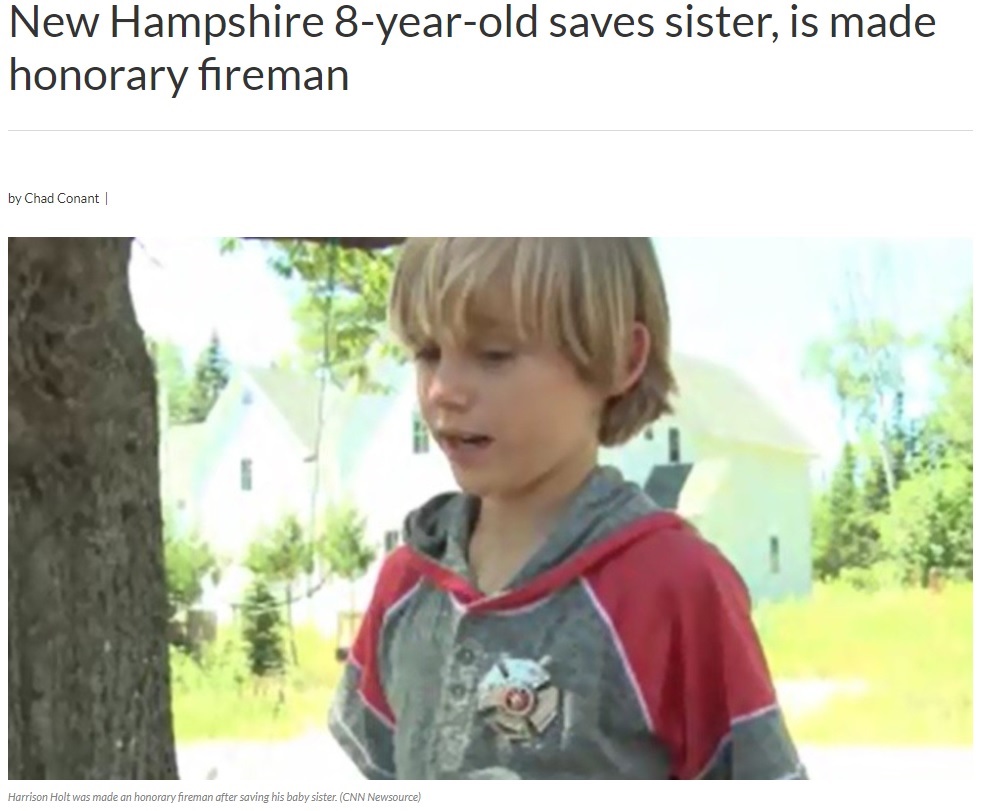 燃える自宅から妹を救った8歳兄（画像は『WRGT: Dayton News　2017年7月29日付「New Hampshire 8-year-old saves sister, is made honorary fireman」（CNN Newsource）』のスクリーンショット）
