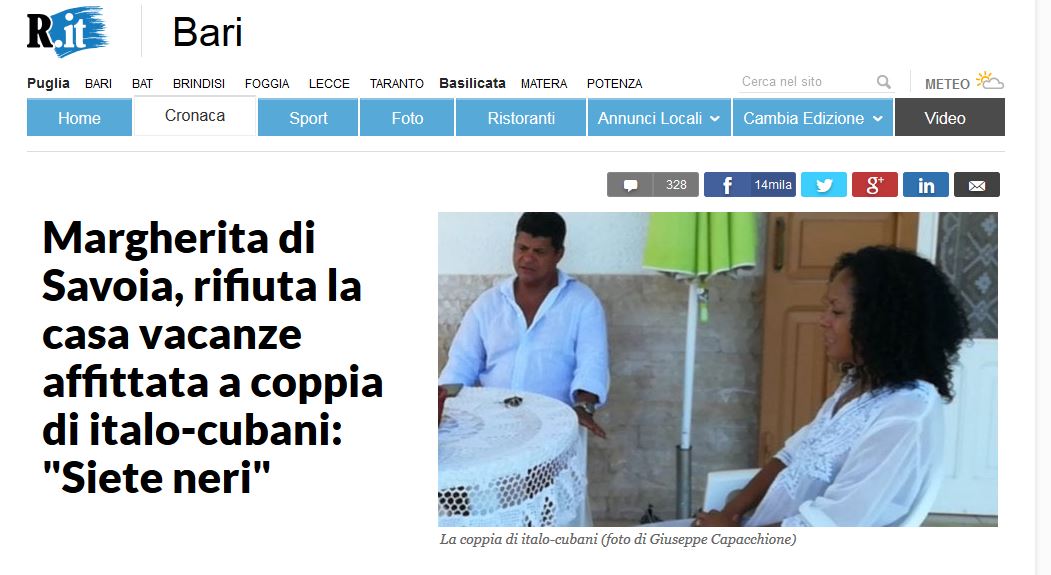 宿泊拒否に遭った夫妻（画像は『Bari - Repubblica.it　2017年8月16日付「Margherita di Savoia, rifiuta la casa vacanze affittata a coppia di italo-cubani: “Siete neri”」（foto di Giuseppe Capacchione）』のスクリーンショット）