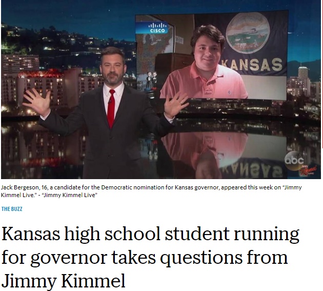 カンザス州の高校生が州知事戦に出馬（画像は『The Kansas City Star　2017年8月10日付「Kansas high school student running for governor takes questions from Jimmy Kimmel」（Jimmy Kimmel Live）』のスクリーンショット）