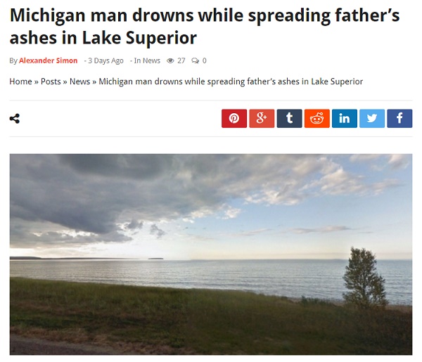 米スペリオル湖への散骨で遺族にさらなる悲劇（画像は『Standard Republic　2017年8月16日付「Michigan man drowns while spreading father’s ashes in Lake Superior」』のスクリーンショット）
