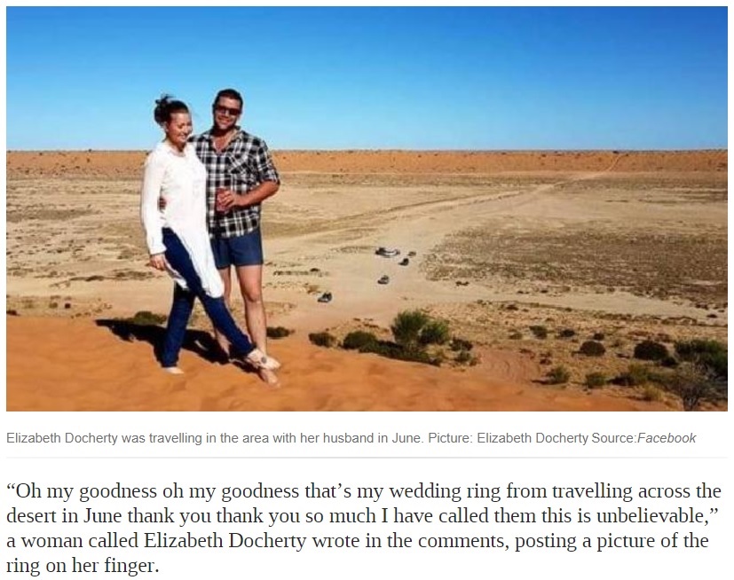 この広大な砂丘で指輪を紛失してしまったものの…（画像は『news.com.au　2017年8月9日付「Woman’s wedding ring found in Simpson Desert」（Picture: Elizabeth Docherty Source:Facebook）』のスクリーンショット）