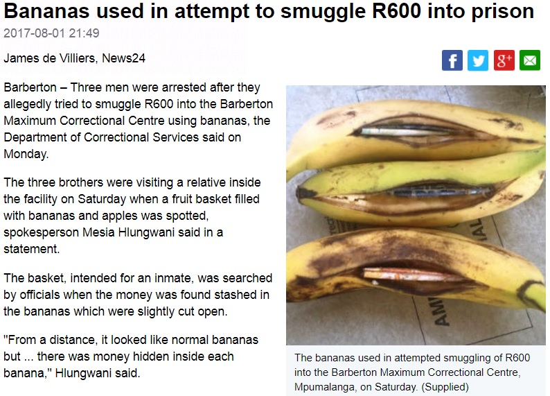 バナナの中に隠されていた現金（画像は『News24　2017年8月1日付「Bananas used in attempt to smuggle R600 into prison」』のスクリーンショット）