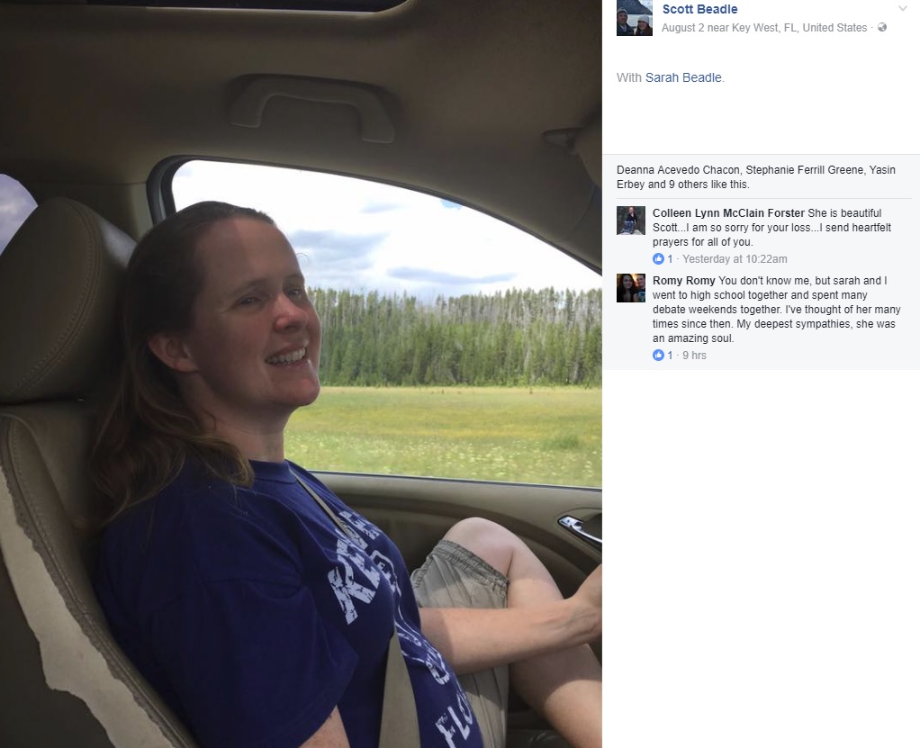 グランドキャニオンで亡くなった女性（画像は『Scott Beadle　2017年8月3日付Facebook「Sarah Beadle passed away sometime yesterday afternoon.」』のスクリーンショット）