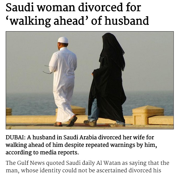 サウジアラビアでは男尊女卑の精神が離婚の一大原因（画像は『The News International　2017年8月22日付「Saudi woman divorced for ‘walking ahead’ of husband」』のスクリーンショット）