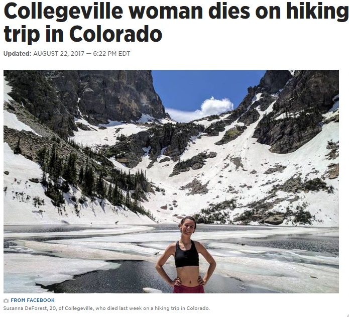 健康な20歳女性であっても高山病の危険が（画像は『Philly.com　2017年8月22日付「Collegeville woman dies on hiking trip in Colorado」（FROM FACEBOOK）』のスクリーンショット）