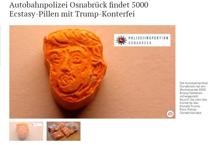 錠剤にトランプ大統領の顔が（画像は『Neue Osnabrücker Zeitung　2017年8月21日付「Autobahnpolizei Osnabrück findet 5000 Ecstasy-Pillen mit Trump-Konterfei」（Foto: Polizei Osnabrück/dpa）』のスクリーンショット）