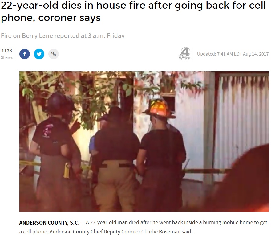 火事のなか携帯電話を取りに自宅に飛び込んだ男性が死亡（画像は『WYFF News 4　2017年8月14日付「22-year-old dies in house fire after going back for cell phone, coroner says」』のスクリーンショット）