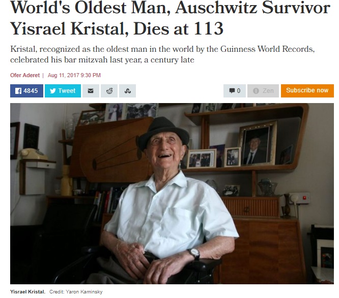 世界最高齢のイスラエル人男性113歳にて死亡（画像は『Haaretz　2017年8月11日付「World's Oldest Man, Auschwitz Survivor Yisrael Kristal, Dies at 113」（Credit：Yaron Kaminsky）』のスクリーンショット）