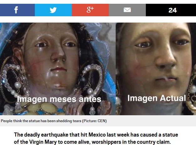 左が地震前、右がその後の涙を流すマリア像（画像は『Metro　2017年9月29日付「Virgin Mary statue ‘started crying’ after Mexico earthquake that killed 343（Picture: CEN）』のスクリーンショット）