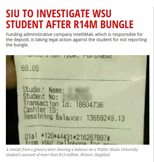 口座残高で発覚（画像は『EWN　2017年8月31日付「SIU to investigate WSU student after R14m bungle」』のスクリーンショット）