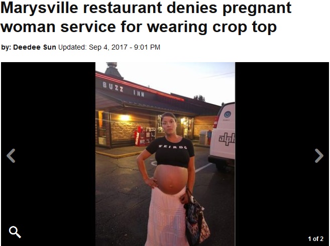 「この格好の何が問題なのよ？」と妊婦（画像は『Kiro 7　2017年9月4日付「Marysville restaurant denies pregnant woman service for wearing crop top」』のスクリーンショット）