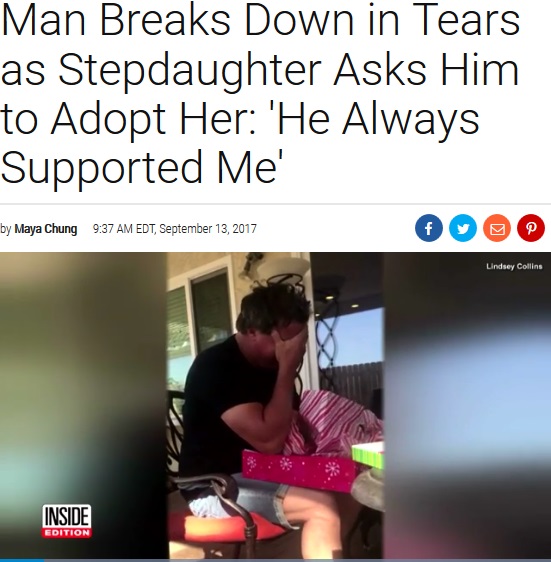 26歳娘に養子縁組申請書をプレゼントされた継父は…（画像は『Inside Edition　2017年9月13日付「Man Breaks Down in Tears as Stepdaughter Asks Him to Adopt Her: ‘He Always Supported Me’」』のスクリーンショット）
