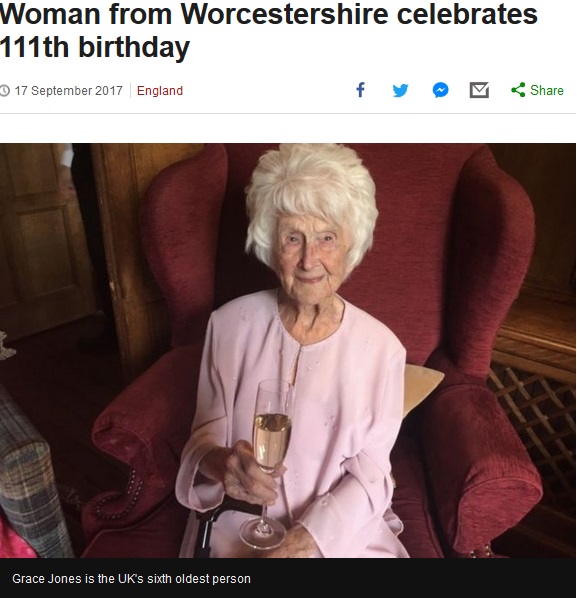 111歳の誕生日を迎えたグレイス・ジョーンズさん（画像は『BBC News　2017年9月17日付「Woman from Worcestershire celebrates 111th birthday」』のスクリーンショット）