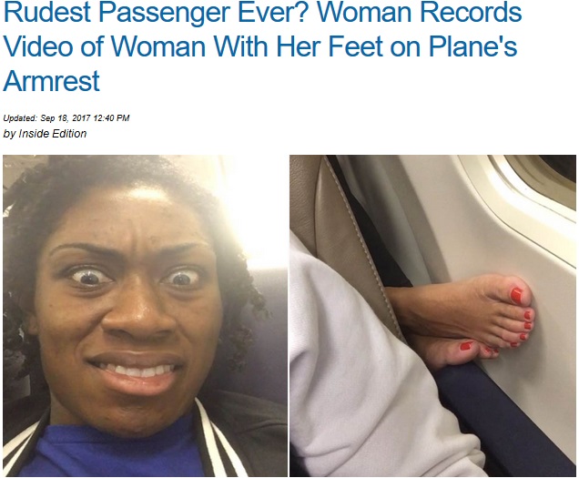 後部座席の乗客に唖然とする女性（画像は『CBS News 8　2017年9月18日付「Rudest Passenger Ever? Woman Records Video of Woman With Her Feet on Plane's Armrest」（Inside Edition）』のスクリーンショット）