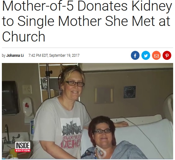 5児の母がシングルマザーに腎臓を提供（画像は『Inside Edition　2017年9月19日付「Mother-of-5 Donates Kidney to Single Mother She Met at Church」』のスクリーンショット）