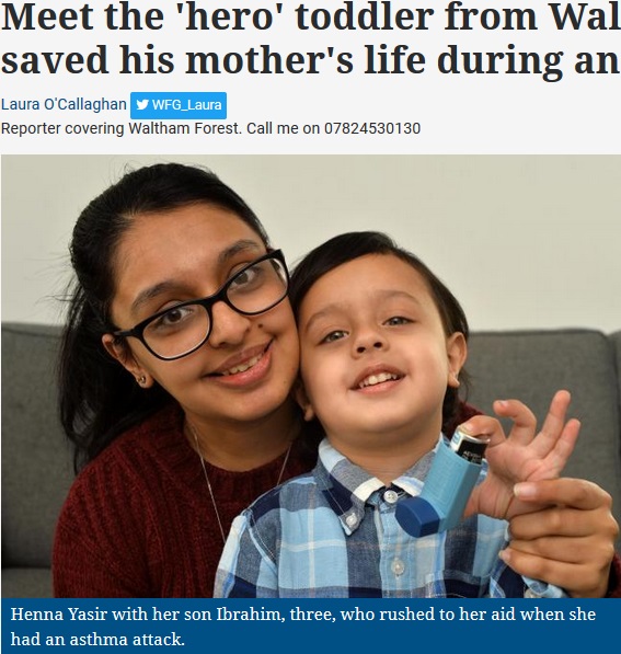 ママの危険を察知した3歳息子（画像は『Bucks Free Press　2017年9月18日付「Meet the ‘hero’ toddler from Walthamstow who saved his mother's life during an asthma attack」』のスクリーンショット）