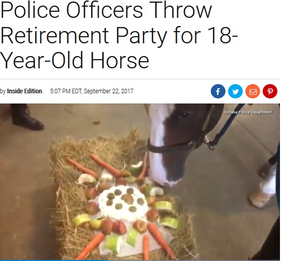 18歳の警察馬に警官らリタイアパーティーを開く（画像は『Inside Edition　2017年9月22日付「Police Officers Throw Retirement Party for 18-Year-Old Horse」（Omaha Police Department）』のスクリーンショット）