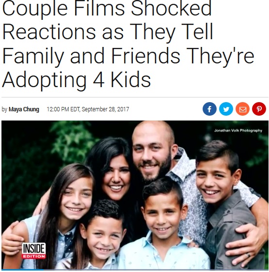 4人姉弟を養子に迎えることを決めた夫婦に周りは…（画像は『Inside Edition　2017年9月28日付「Couple Films Shocked Reactions as They Tell Family and Friends They're Adopting 4 Kids」』のスクリーンショット）