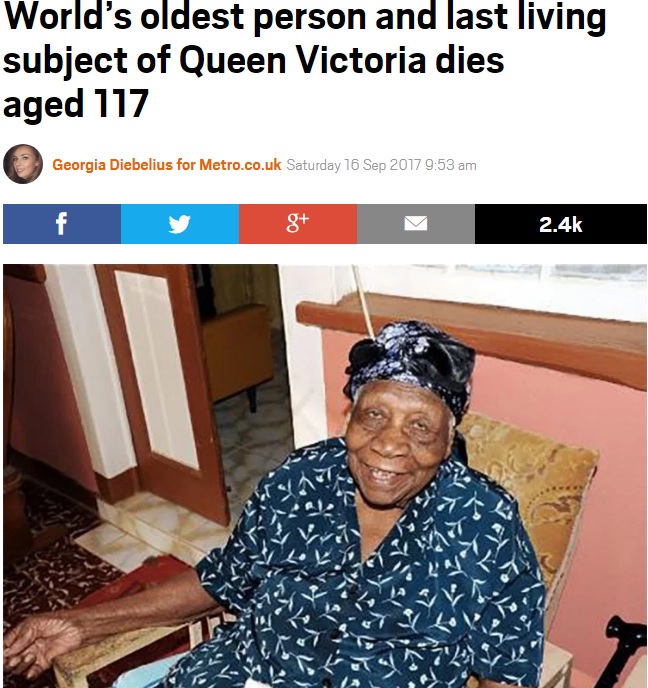 117歳で亡くなったジャマイカ女性（画像は『Metro　2017年9月16日付「World’s oldest person and last living subject of Queen Victoria dies aged 117」（Picture: Jamaica-gleaner/Sheena Gayle）』のスクリーンショット）