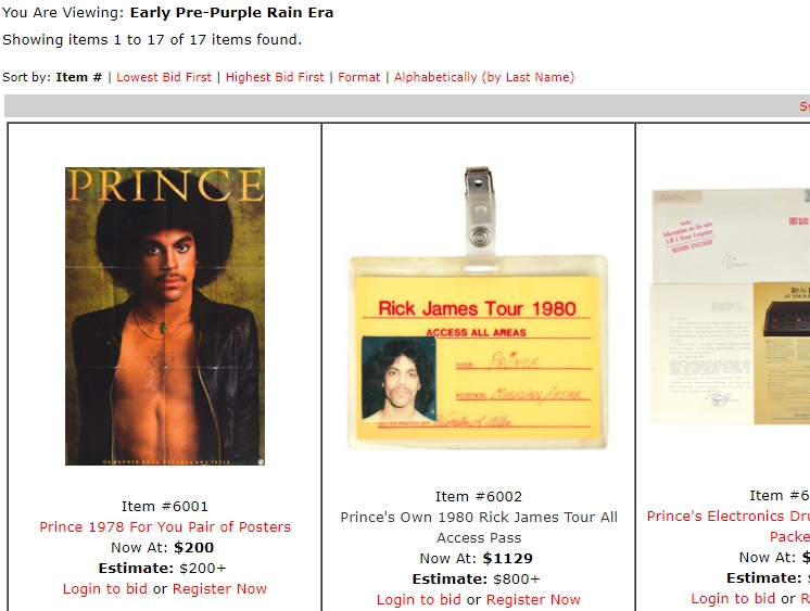 歌手プリンスの遺品オークションに（画像は『RR Auction/The Prince Auction Is Open For Bidding“Early Pre-Purple Rain Era”』のスクリーンショット）