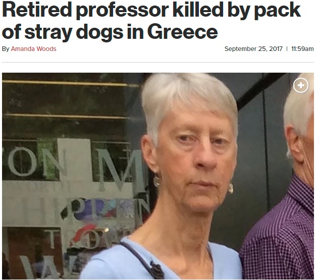 狼の群れに襲われた可能性が高いセリア・ホリングワースさん（62歳）（画像は『New York Post　2017年9月25日付「Retired professor killed by pack of stray dogs in Greece」（SWNS.com）』のスクリーンショット）