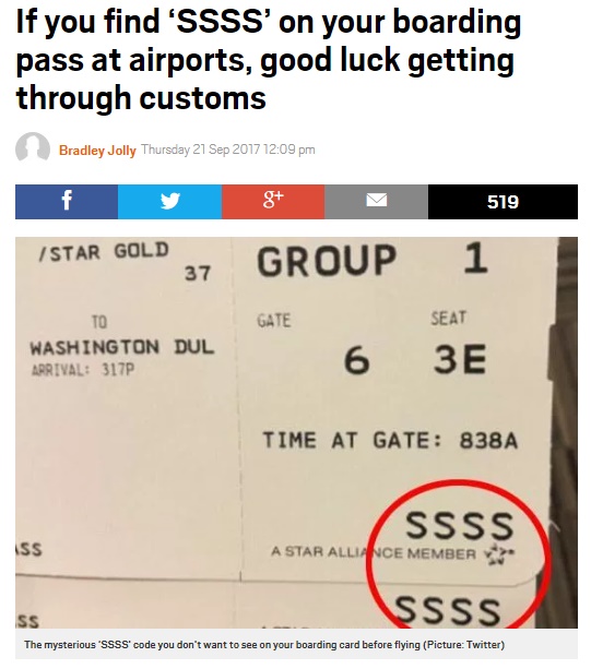 搭乗券に「SSSS」の文字があったら…!?（画像は『Metro　2017年9月21日付「If you find ‘SSSS’ on your boarding pass at airports, good luck getting through customs」（Picture: Twitter）』のスクリーンショット）