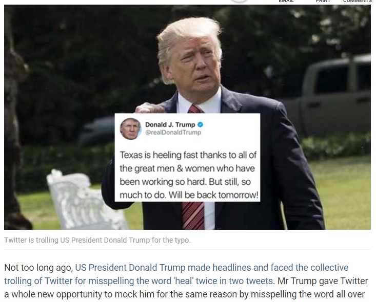トランプ大統領はよほど「ヒール」がお好きな様子（画像は『NDTV　2017年9月1日付「Donald Trump Misspells ‘Heal’ Again. Twitter Can't Help But Troll Him」』のスクリーンショット）