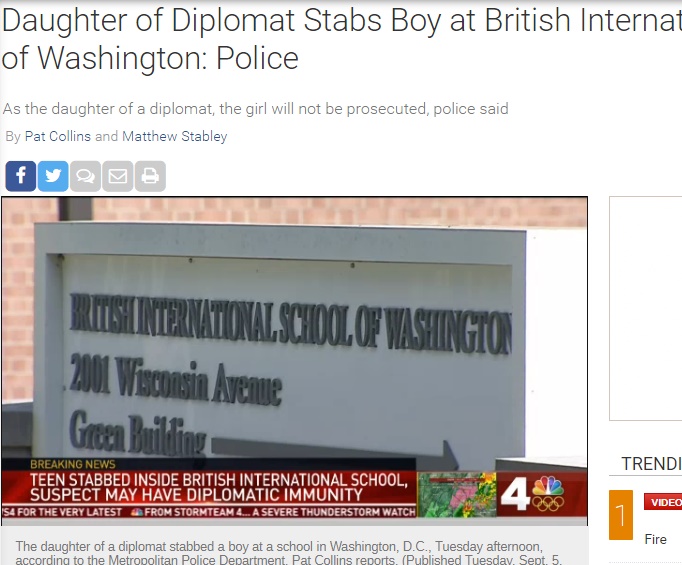 ワシントンD.C.でドイツ外交官の娘が人を刺す（画像は『NBC Washington　2017年9月5日付「Daughter of Diplomat Stabs Boy at British International School of Washington: Police」』のスクリーンショット）