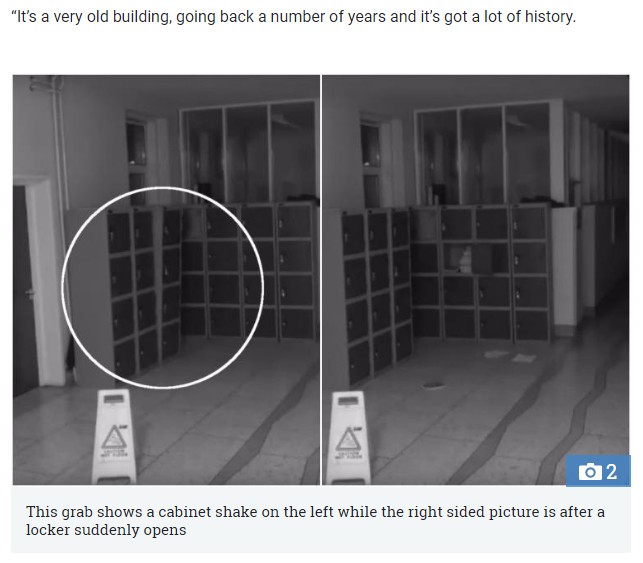 誰もいない夜間の学校でロッカーの扉が突然開く（画像は『The Sun　2017年10月4日付「‘WE'RE BEMUSED’ Ghosts blamed for haunting Cork school in middle of the night as CCTV captures chilling footage」』のスクリーンショット）